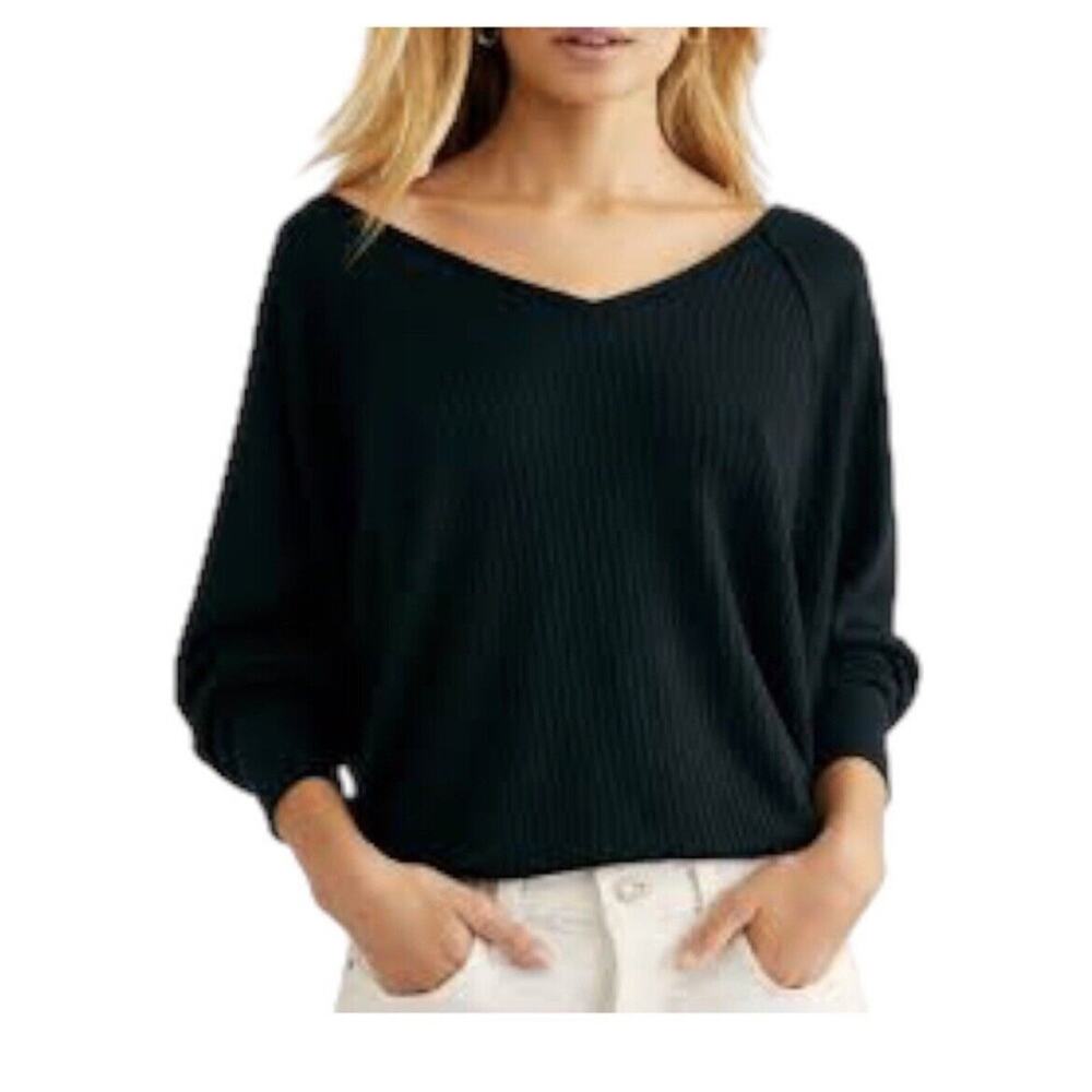 Free People Santa Clara Thermal Top Sz S Black Oversized V Neck Waffle Knit Boho